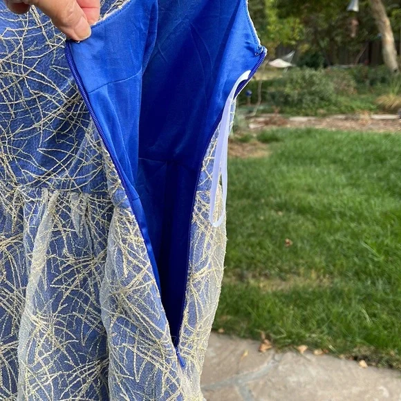 🌺 MINUET; Brand New w/Tags! Unique Blue w/Gold Overlay Party Dress; Misses XS/S - Picture 9 of 13